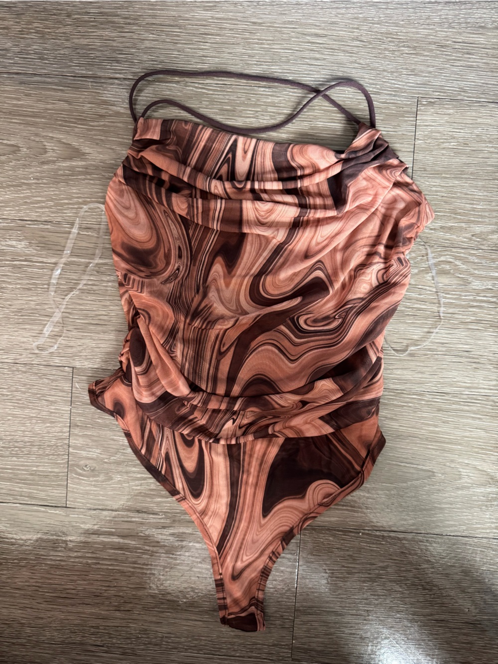 Marble Print Ruched Bodysuit in Brown Peach